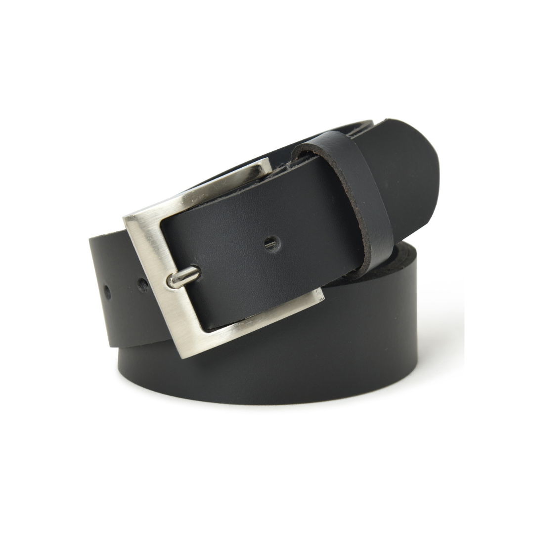 Black leather men's belt with a single prong silver buckle, rolled and displayed on a white background.