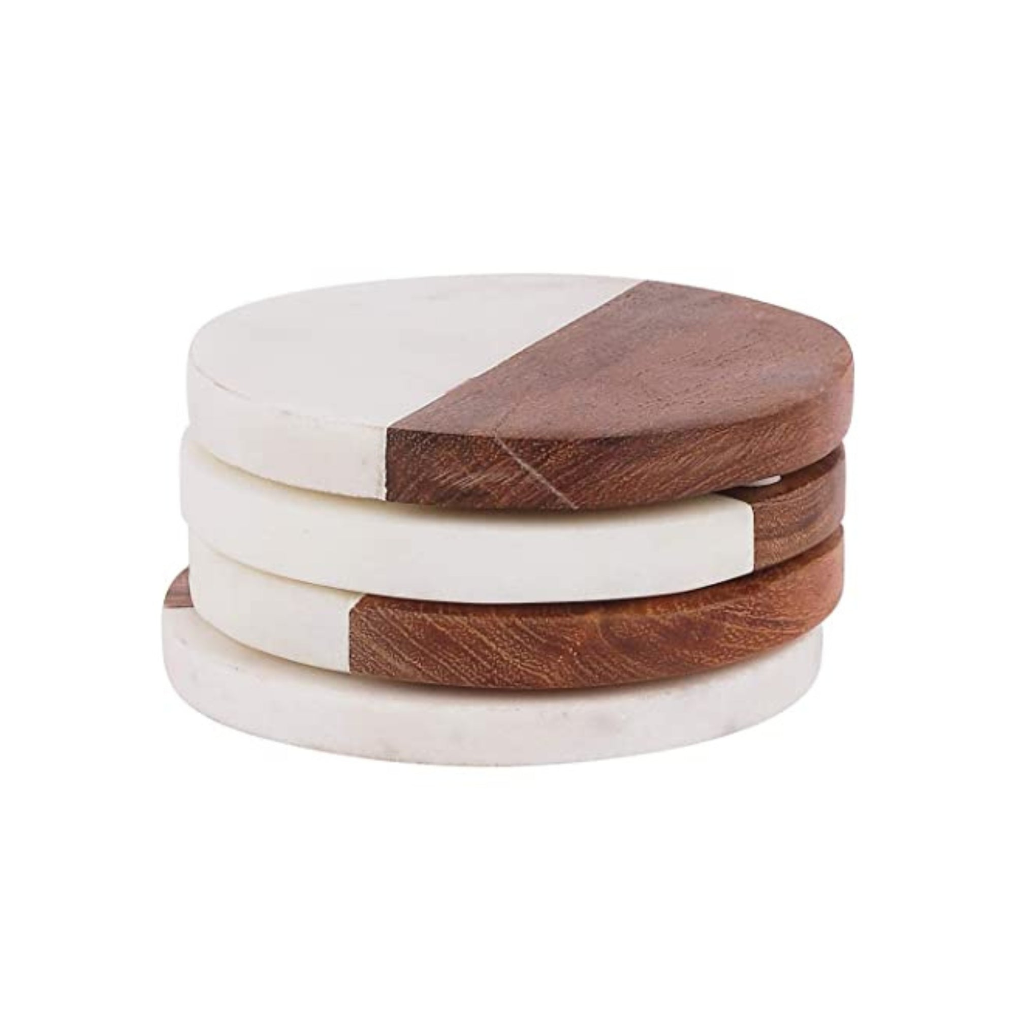 White Marble & Brown Wood Round Coasters - Elegant Anti-Skid Heat-Resistant Home Accessories, Ideal for Serving Drinks, Coffee or Tea, (10x10 cm) Set of 4