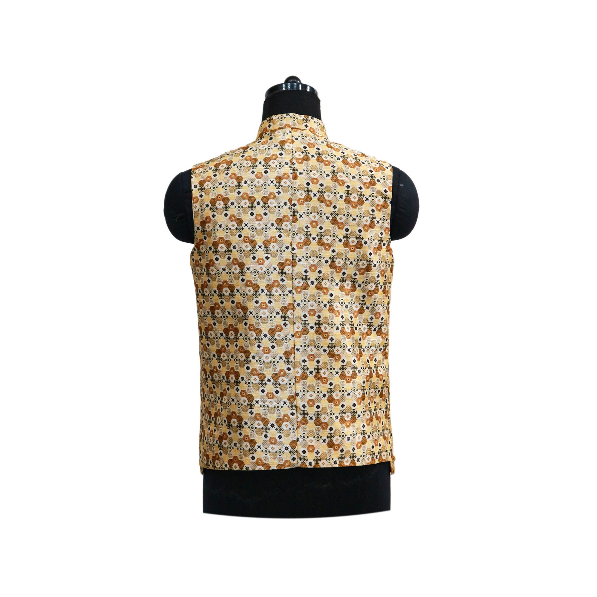 Handmade vintage floral Nehru jacket in gold, black, and cream, perfect for parties or ethnic events.