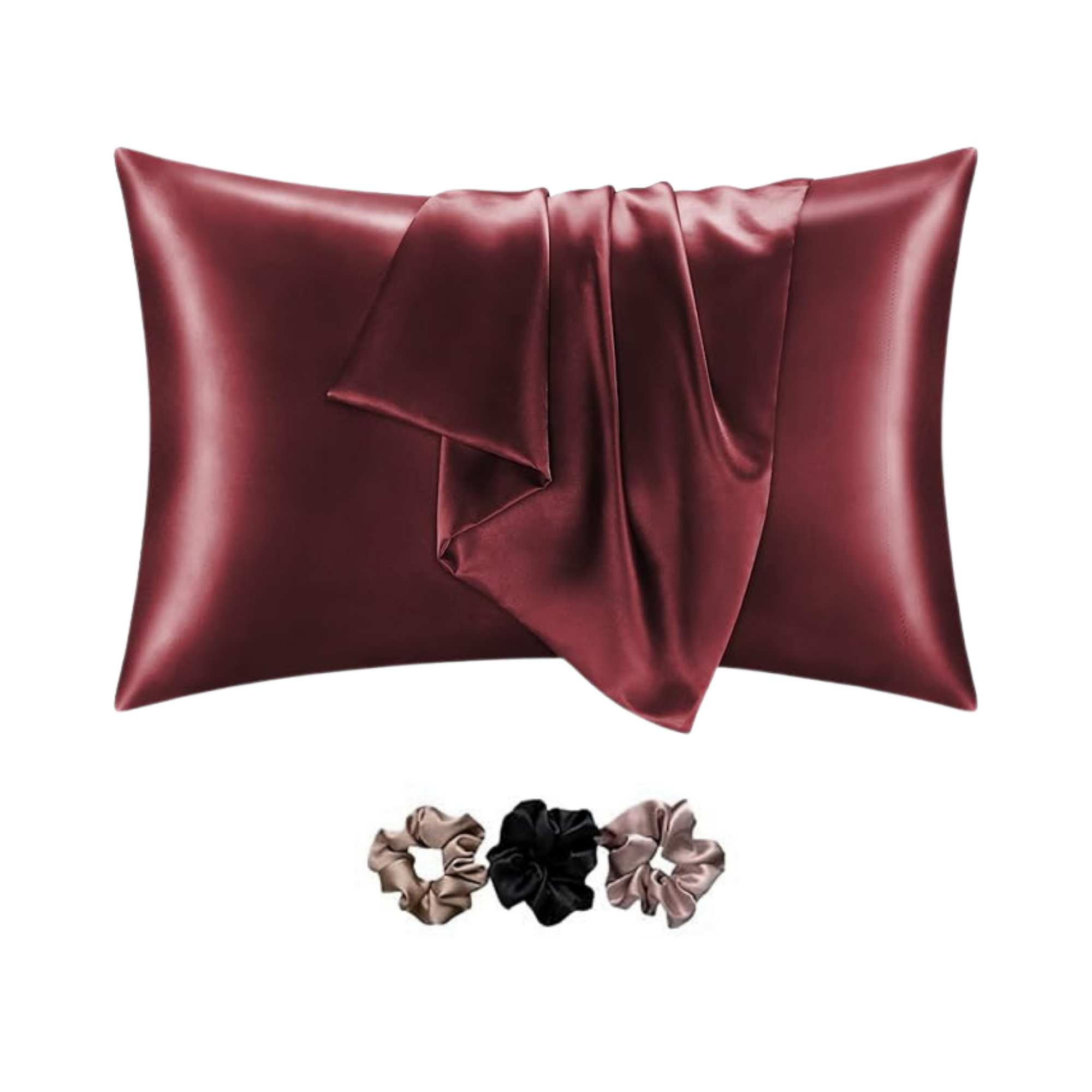 Satin Pillowcases for Hair & Skin Care with Envelope Closure | Standard Size Pillowcase with Silk Scrunchies ( Set of 2, Maroon )