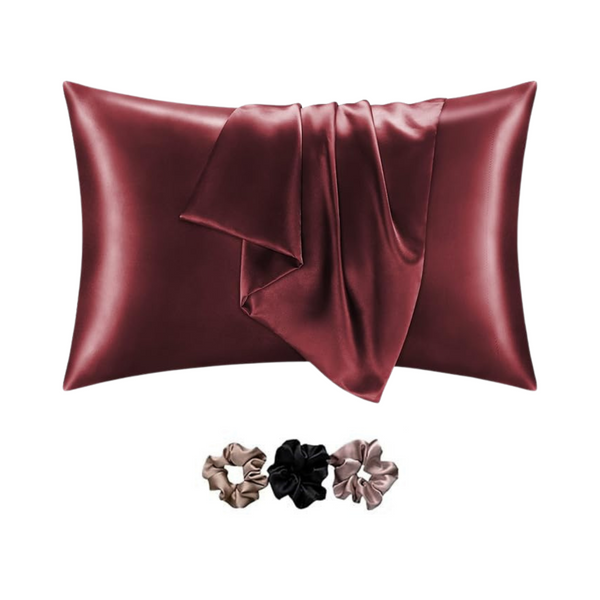 Satin Pillowcases for Hair & Skin Care with Envelope Closure | Standard Size Pillowcase with Silk Scrunchies ( Set of 2, Maroon )