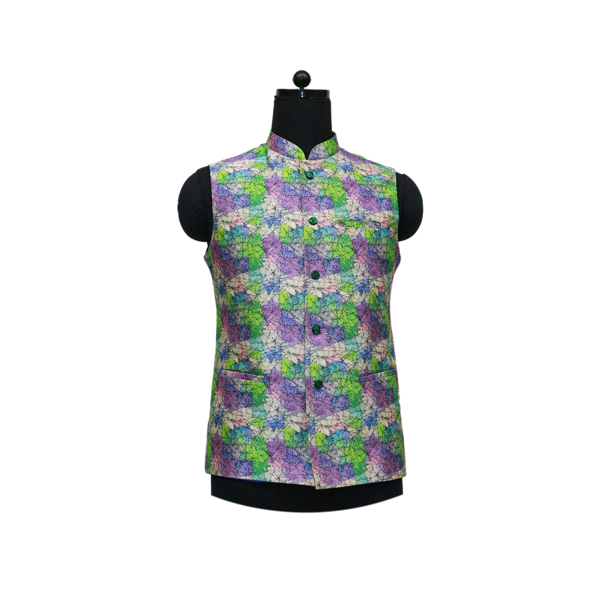 Handmade vintage floral Nehru jacket in green, purple, and white, perfect for ethnic parties and special events.