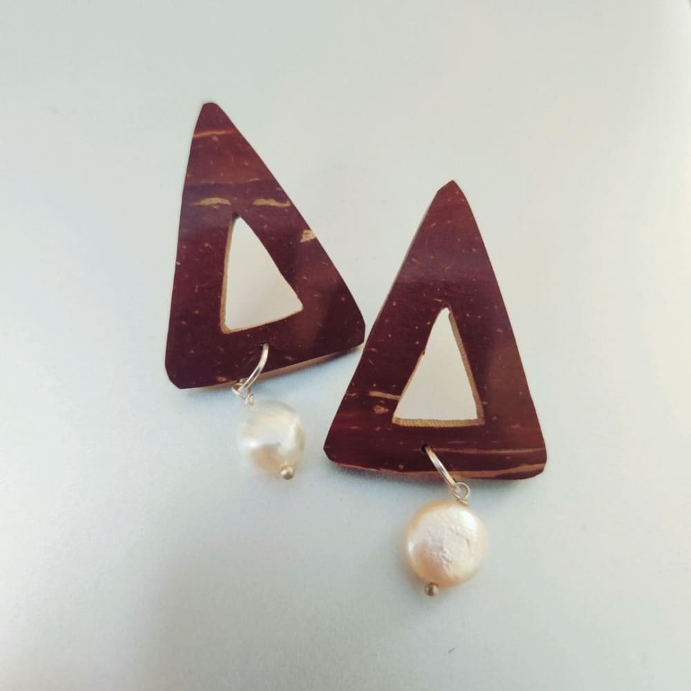 Pearl & Triangle Coconut Shell Earrings (Golden Hook)