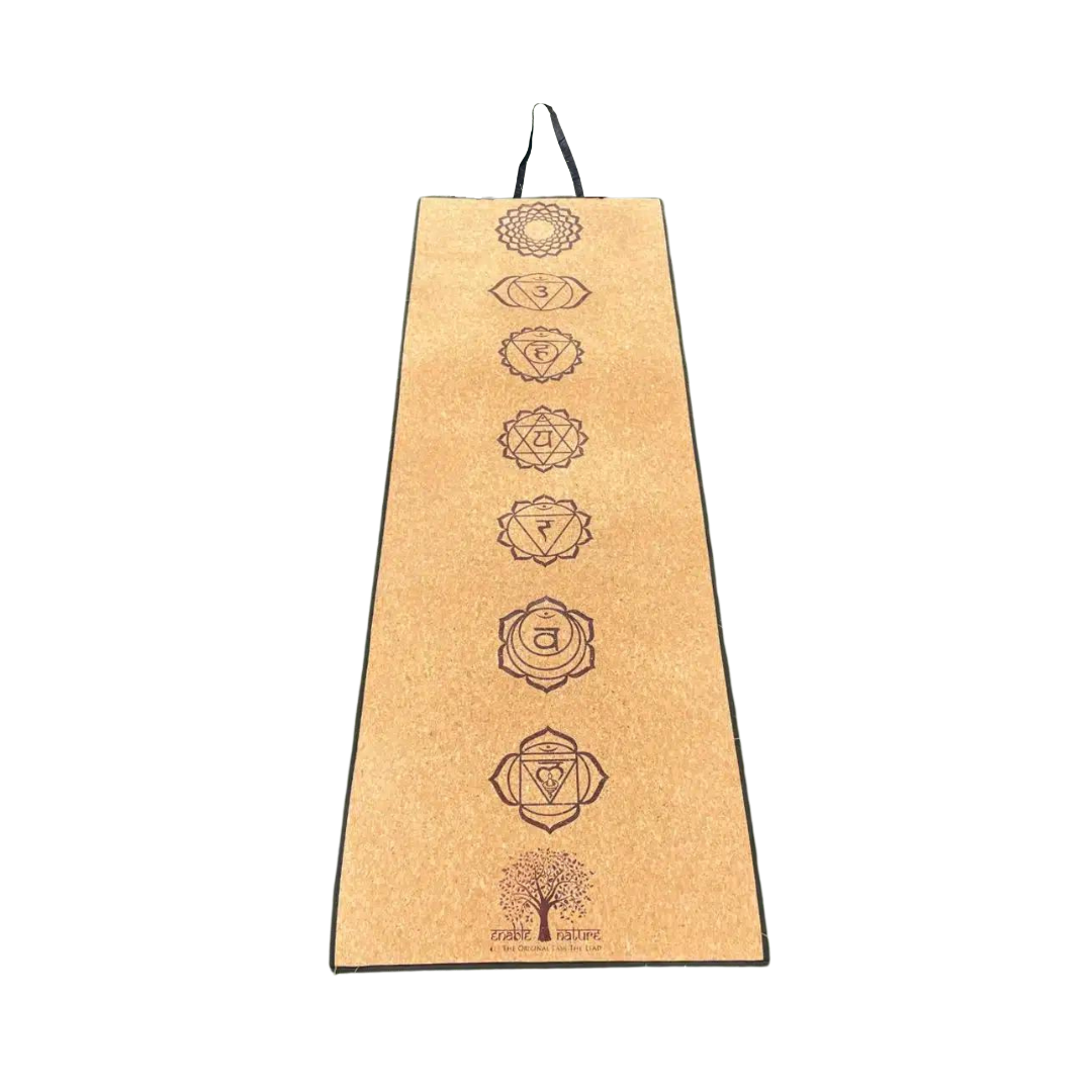 Eco-friendly cork yoga mat with chakra symbols. Provides excellent grip and durability for a balanced practice.