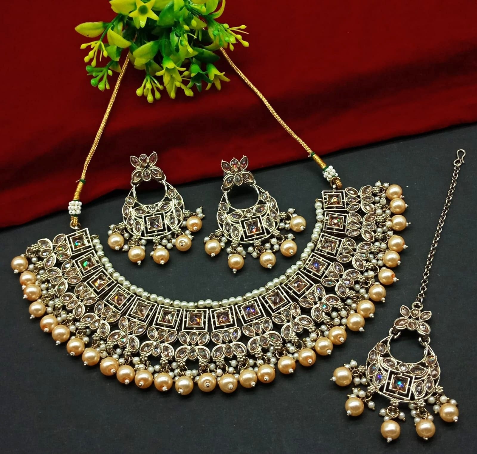 Exquisite Gold Tone and Gold Kundan Jewelry Set, Pearl Accents, Traditional Indian Wedding Jewelry (Set of 2)