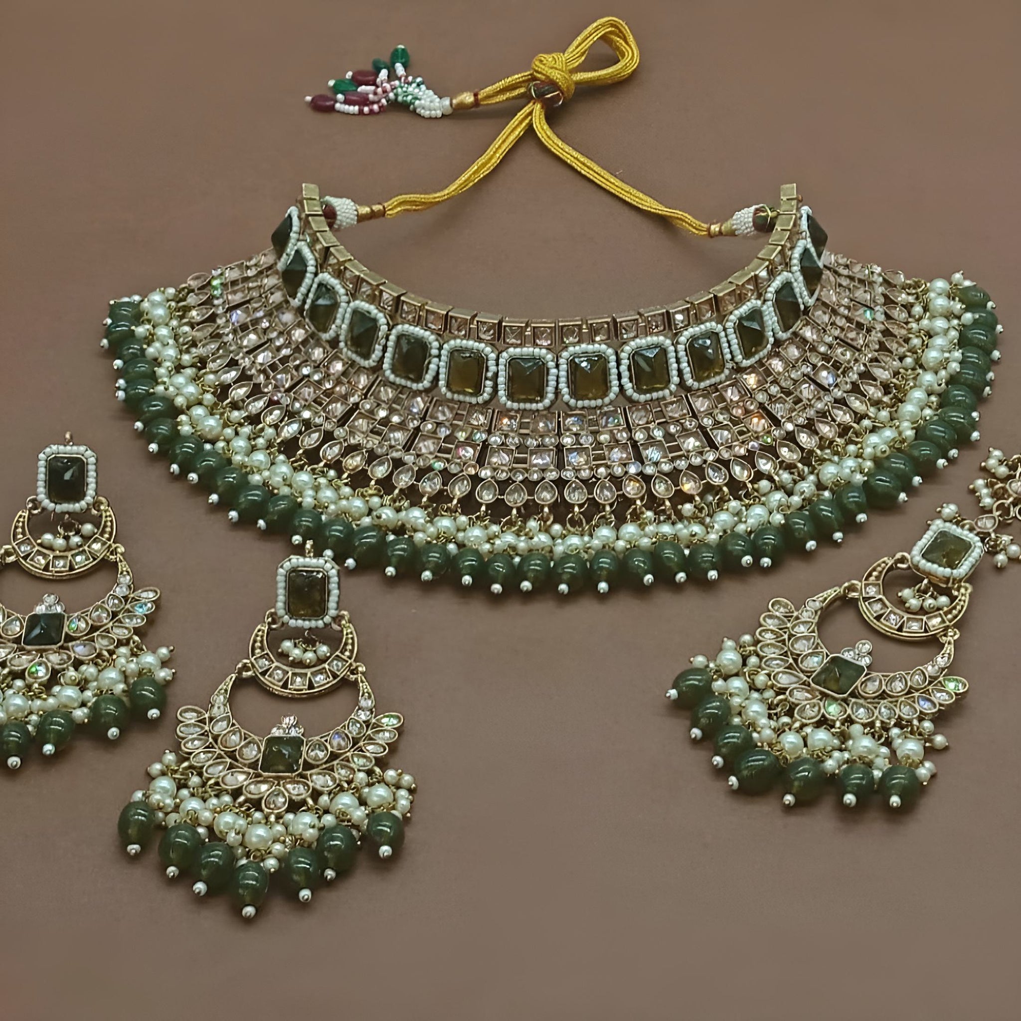 Exquisite Pearl and Jewel-Encrusted Bridal Jewelry Set Mehndi Color,  Traditional Indian Wedding Jewelry (Set of 3)