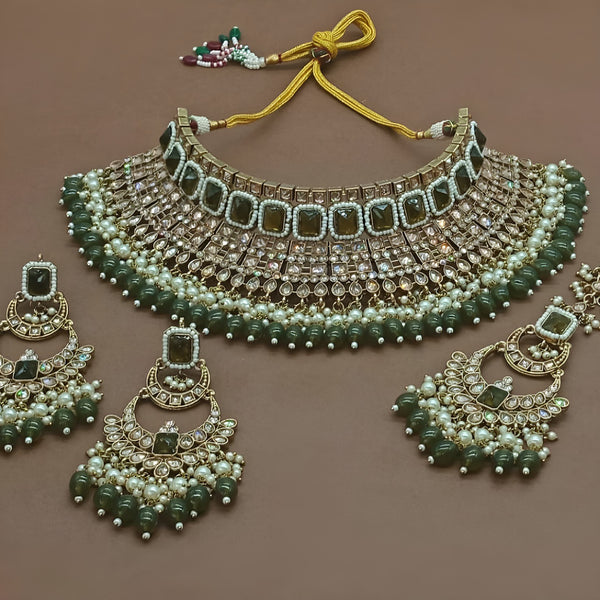 Exquisite Pearl and Jewel-Encrusted Bridal Jewelry Set Mehndi Color,  Traditional Indian Wedding Jewelry (Set of 3)