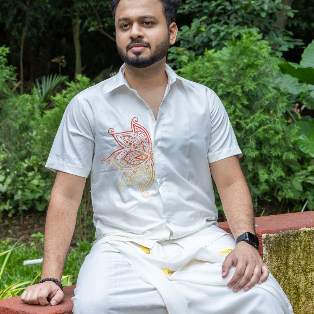 Side Floral Print, Half Sleeve Shirt, Men's Casual Kerala Shirt, Lightweight Cotton Shirt for Comfort, Shirt for Traditional Wear (Size 38, Off White)