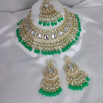 Luxurious Kundan Choker Set, Pearl and Green Bead Accents - Traditional Indian Bridal Jewelry, Traditional Indian Wedding Jewelry (Set of 2)