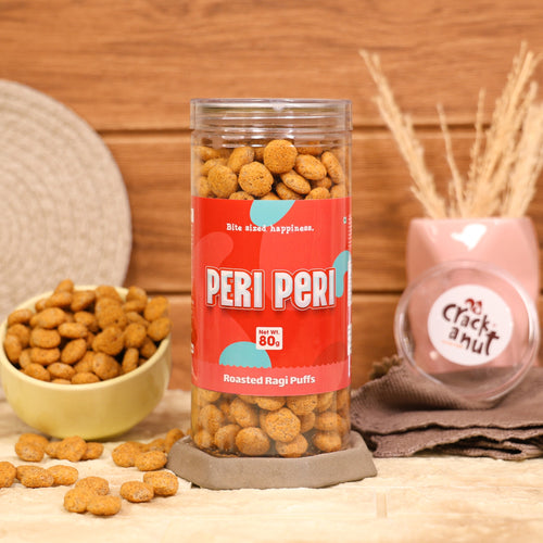 Crack A Nut's Peri Peri Roasted Multi-Grain Puffs, Savory & Healthy Snack, Packed with Protein & Low in Sugar, Lightly Roasted Multi-Grain Goodness, Perfect for Cravings & Guilt-Free Indulgence, 100g.