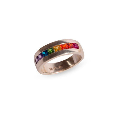 Sterling Silver Rainbow Signet Ring - Handcrafted Loveband with Colored Stones, LGBTQ+ Pride, Engagement & Wedding Band, Unisex Gift for Partner, Spouse, or Friend