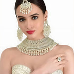 Opulent Bridal Kundan Choker Set, White Beads and Matching Earrings & Maang Tikka, Traditional Indian Wedding Jewelry (Set of 2)