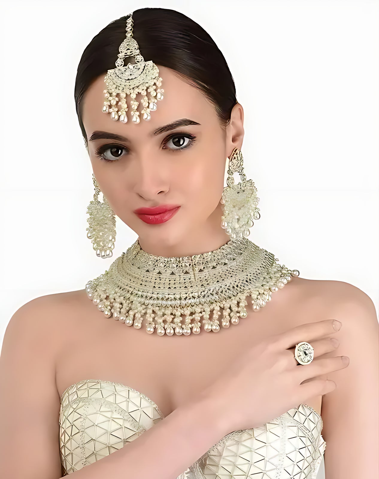 Opulent Bridal Kundan Choker Set, White Beads and Matching Earrings & Maang Tikka, Traditional Indian Wedding Jewelry (Set of 2)