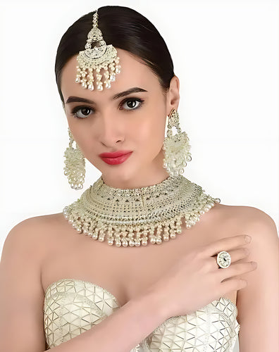 Opulent Bridal Kundan Choker Set, White Beads and Matching Earrings & Maang Tikka, Traditional Indian Wedding Jewelry (Set of 2)