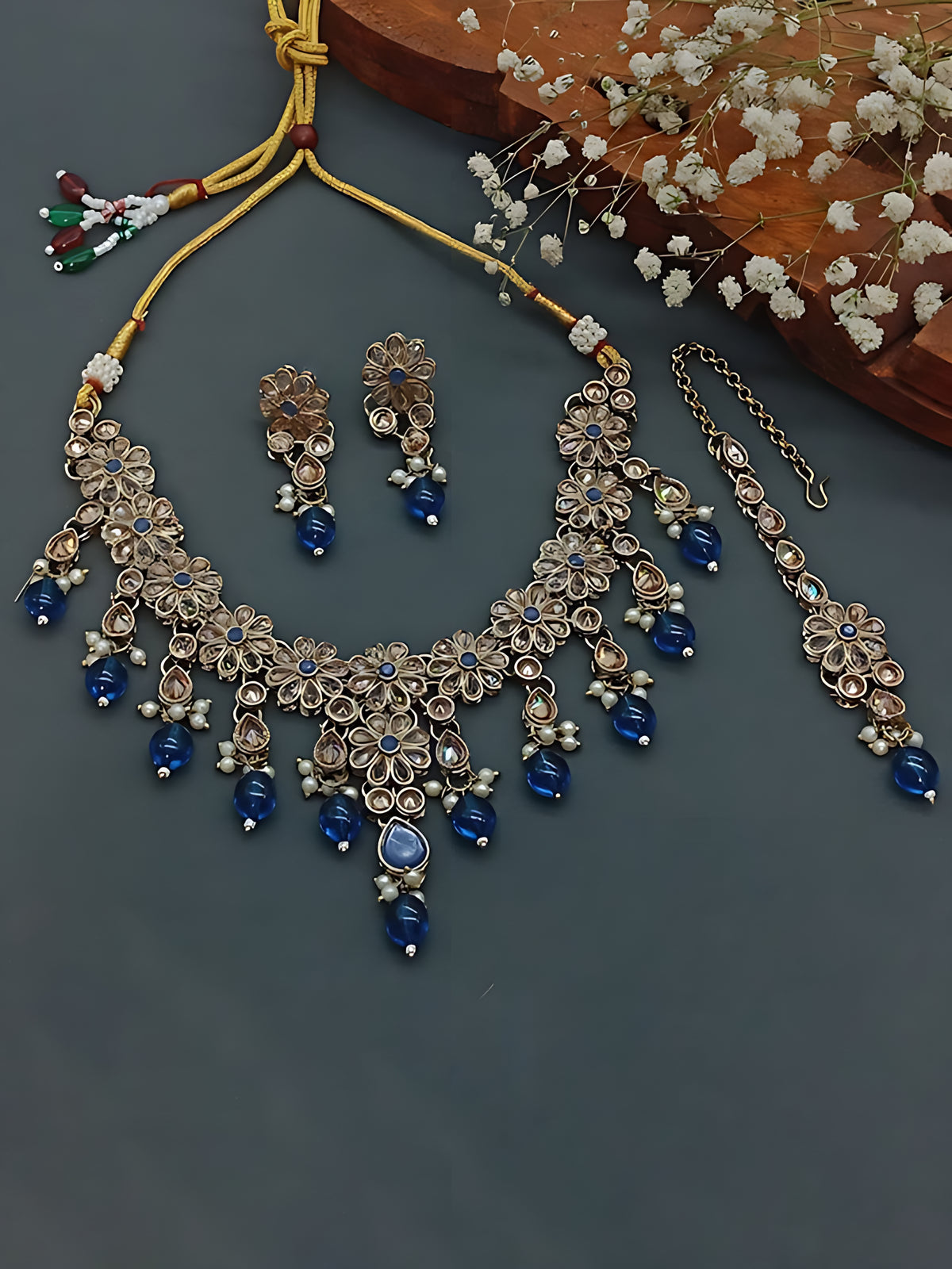 Exquisite Floral Kundan Necklace, Teal Drops and Matching Earrings, Traditional Indian Wedding Jewelry (Set of 2)