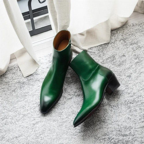 Green Leather Fiorina Slip on Zipper Boots, Vintage Aesthetic, Goodyear Welted, Premium Leather, Comfortable Fit, Handcrafted Detailing, Goodyear Welted