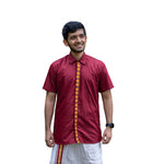 Embroidered Multi Floral Placket, Half Sleeve Shirt, Men's Formal Kerala Shirt, Cotton Shirt Festive Wear (Size 40, Maroon)