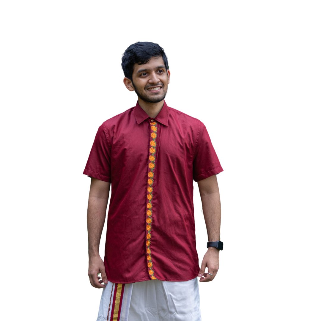 Embroidered Multi Floral Placket, Half Sleeve Shirt, Men's Formal Kerala Shirt, Cotton Shirt Festive Wear (Size 40, Maroon)