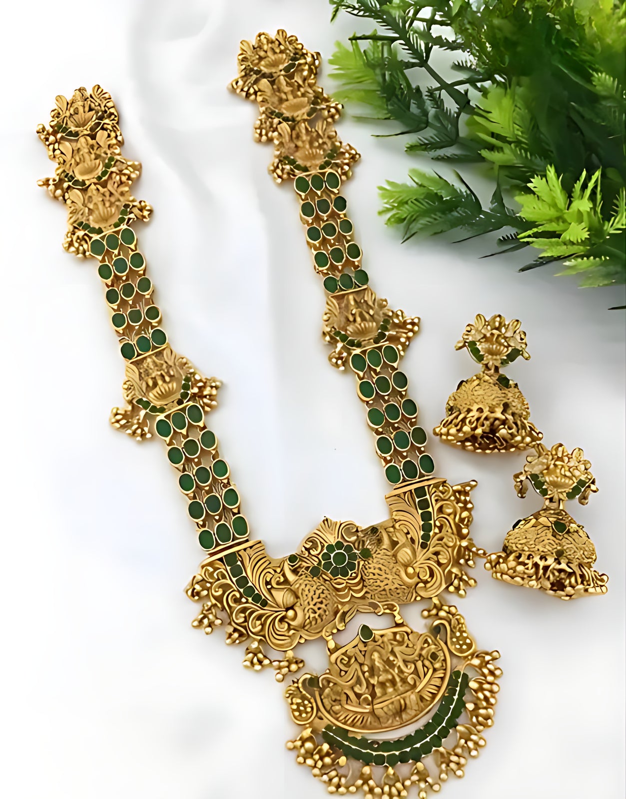 Exquisite Antique Gold Temple Jewelry, Emerald Accents - South Indian Bridal Collection, Traditional Indian Wedding Jewelry (Set of 2)