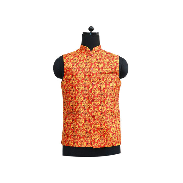 Red Nehru Jacket with Gold Floral Print | Regal Sleeveless Vest for Weddings & Festive Events