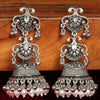 Vintage Oxidized Silver Jhumka Earrings, Pearl and Red Bead Accents, Traditional Indian Wedding Jewelry (Set of 1)