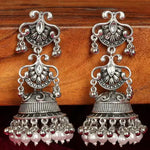 Vintage Oxidized Silver Jhumka Earrings, Pearl and Red Bead Accents, Traditional Indian Wedding Jewelry (Set of 1)