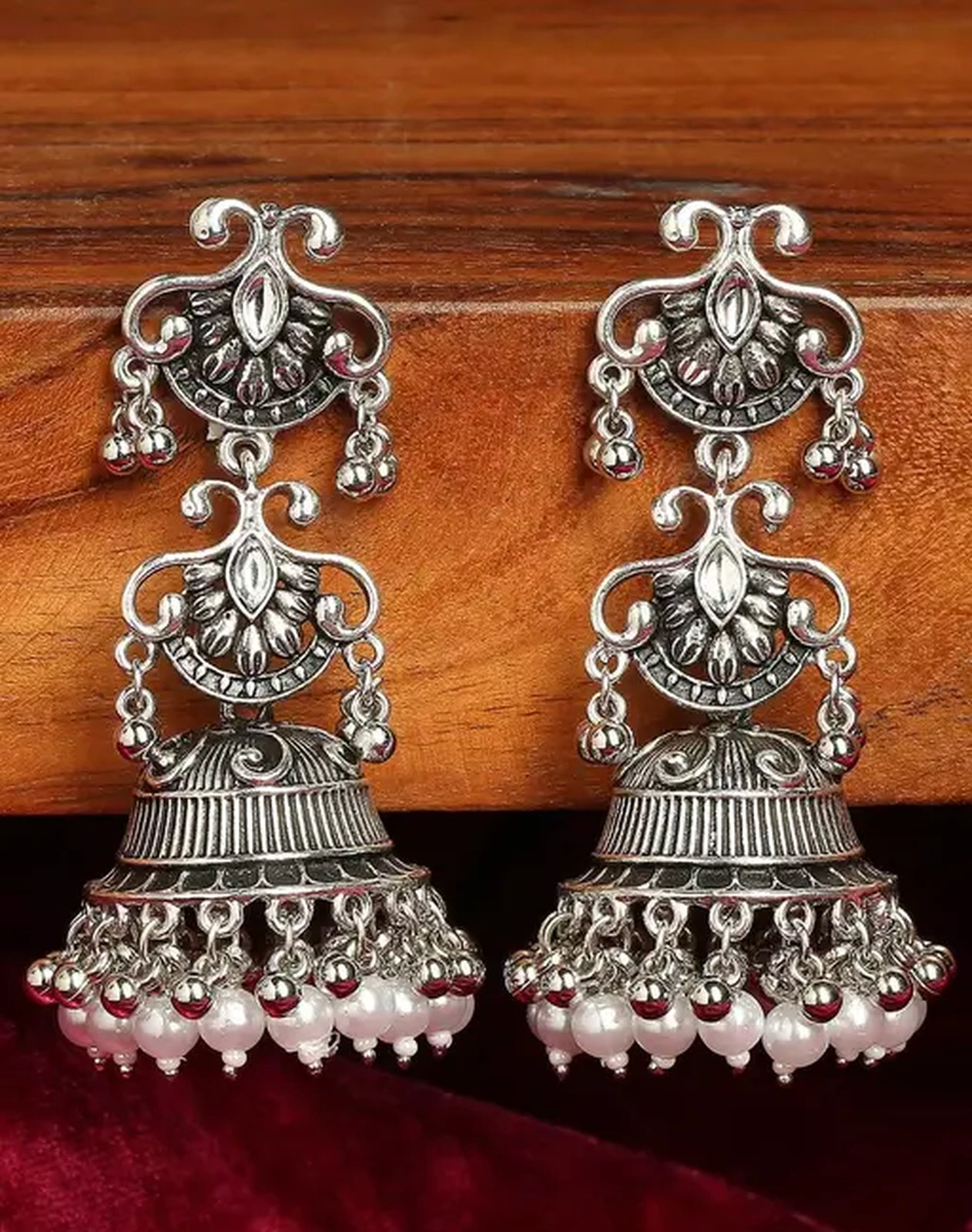 Vintage Oxidized Silver Jhumka Earrings, Pearl and Red Bead Accents, Traditional Indian Wedding Jewelry (Set of 1)