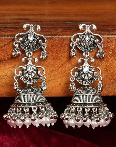 Vintage Oxidized Silver Jhumka Earrings, Pearl and Red Bead Accents, Traditional Indian Wedding Jewelry (Set of 1)