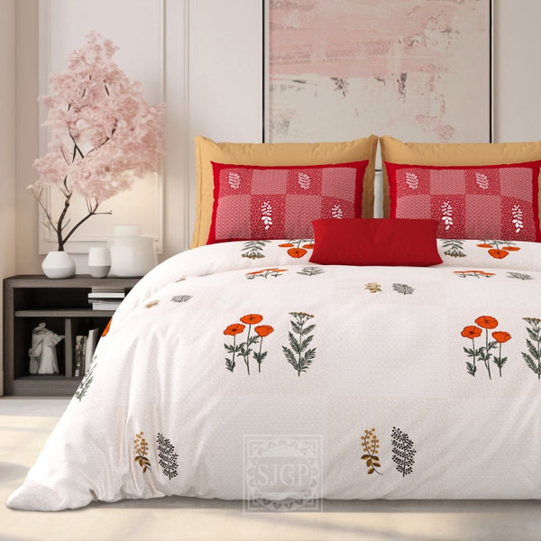 Milky White Cotton Pillowcases with Red Floral Print, Coordinated Design, Soft & Durable Pillow Cover, Perfect for Bedroom DÃ©cor (108