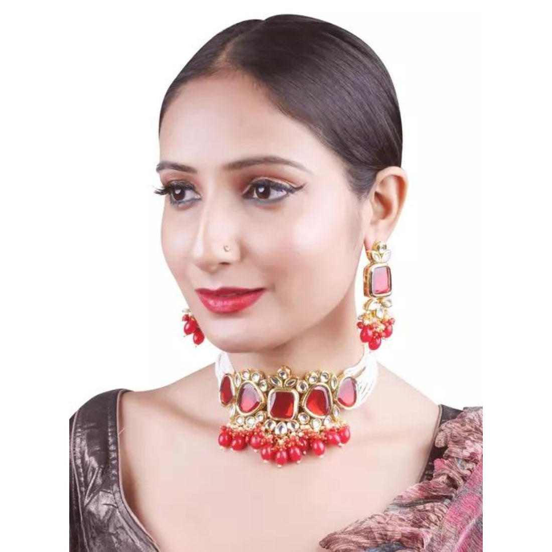 Elegant Red and Gold Indian Kundan Choker Necklace and Earring Set, Traditional Indian Wedding Jewelry (Set of 2)