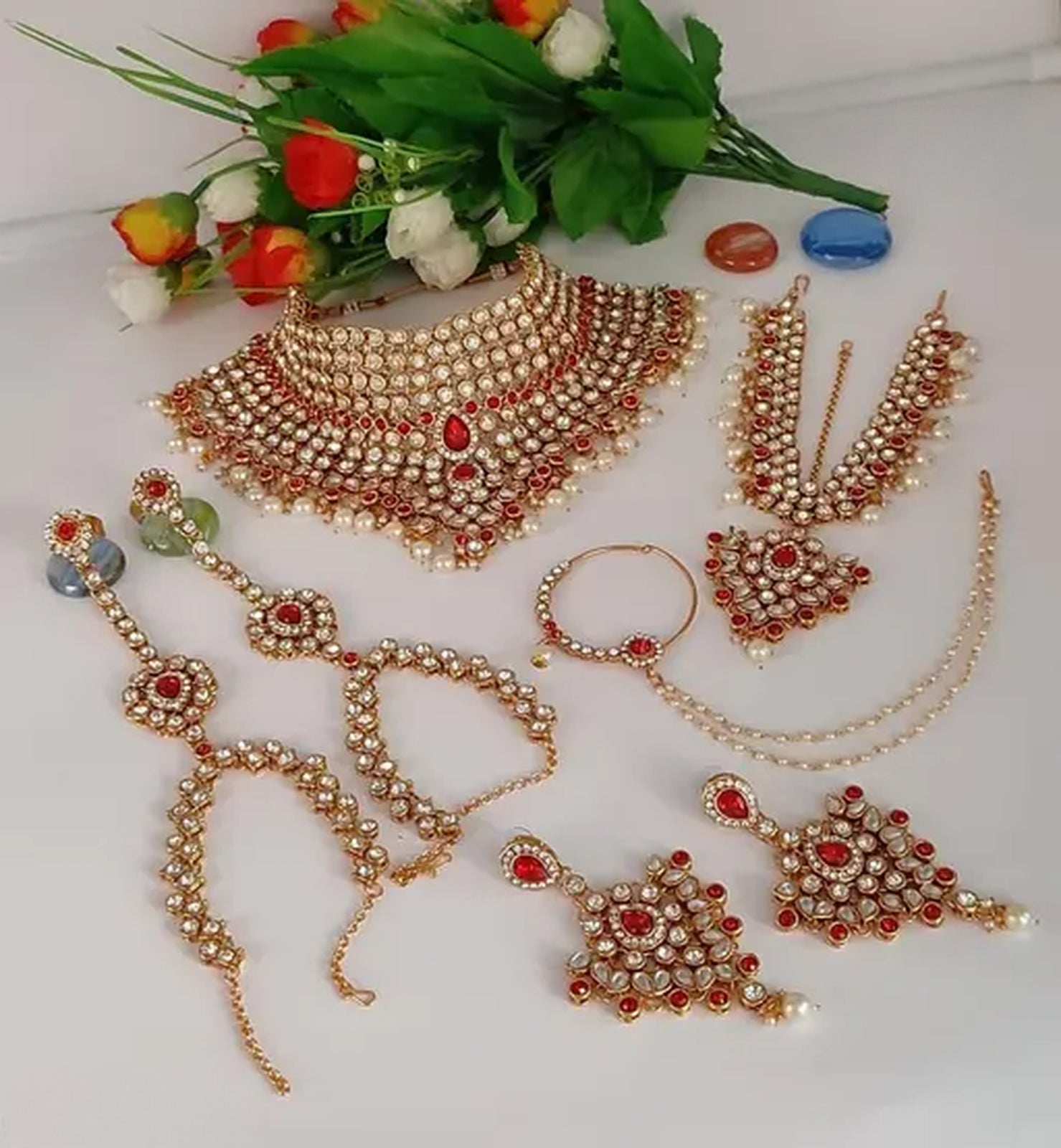 Red Kundan Bridal Jewelry Set, Pearl Drops - Complete Wedding Collection, Choker, Earrings, Mathapatti & Hand Chain, Traditional Indian Wedding Jewelry (Set of 2)