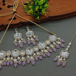 Elegant Kundan-Style Purple and White Necklace, Earrings, and Tikka Set, , Traditional Indian Wedding Jewelry (Set of 2)