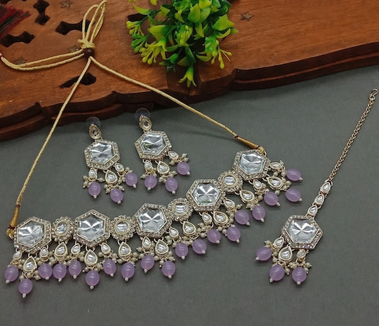 Elegant Kundan-Style Purple and White Necklace, Earrings, and Tikka Set, , Traditional Indian Wedding Jewelry (Set of 2)