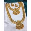 Exquisite Gold-Plated Lakshmi Temple Jewelry Set - Necklace, Long Chain, and Jhumka Earrings, Traditional Indian Wedding Jewelry (Set of 2)