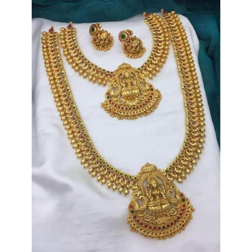 Exquisite Gold-Plated Lakshmi Temple Jewelry Set - Necklace, Long Chain, and Jhumka Earrings, Traditional Indian Wedding Jewelry (Set of 2)