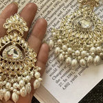 Exquisite Kundan-Inspired Chandelier Earrings, Pearl and White Accents, Traditional Indian Wedding Jewelry (Set of 1)