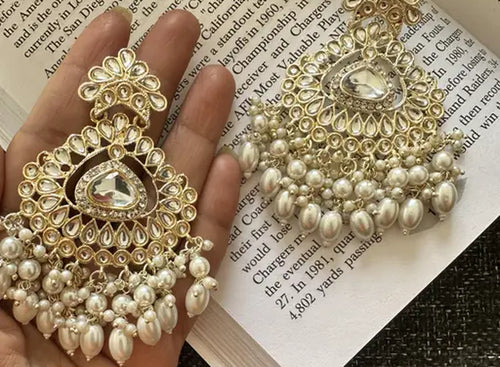 Exquisite Kundan-Inspired Chandelier Earrings, Pearl and White Accents, Traditional Indian Wedding Jewelry (Set of 1)