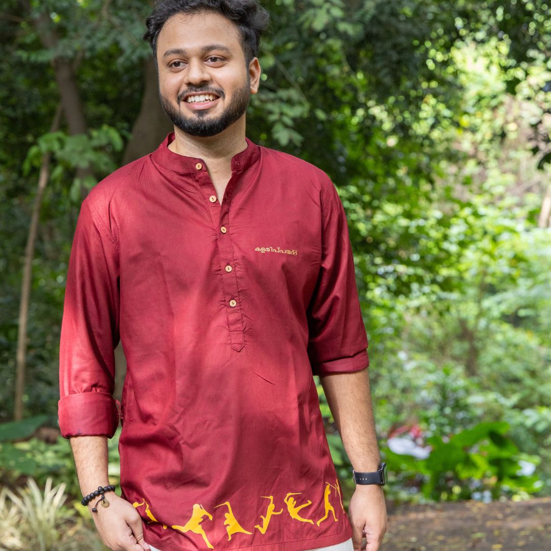 Kalaripayattu Loop Kurta, Short Sleeve, Traditional Kerala Shirt, Men's Festive Wear, Comfortable Cotton Kurta (Size 38, Maroon)