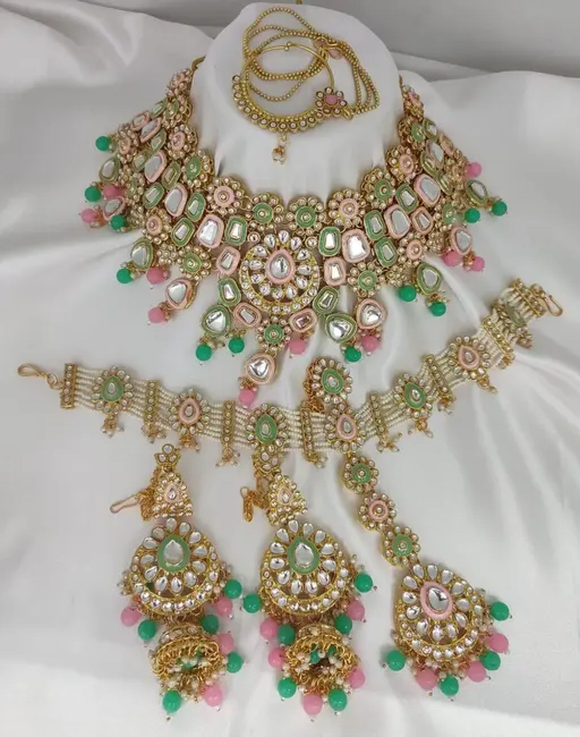 Pastel Kundan Bridal Set - Mint Green & Pink Meenakari Wedding Collection, Gold-Plated Necklace Set, Sheshphul, Traditional Indian Wedding Jewelry (Set of 2)