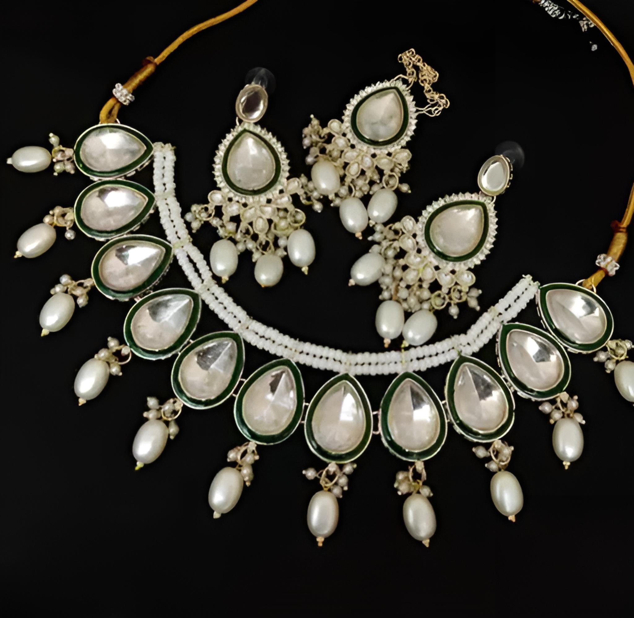 Elegant Pearl & Emerald Royal Necklace Set, Traditional Indian Wedding Jewelry (Set of 2)