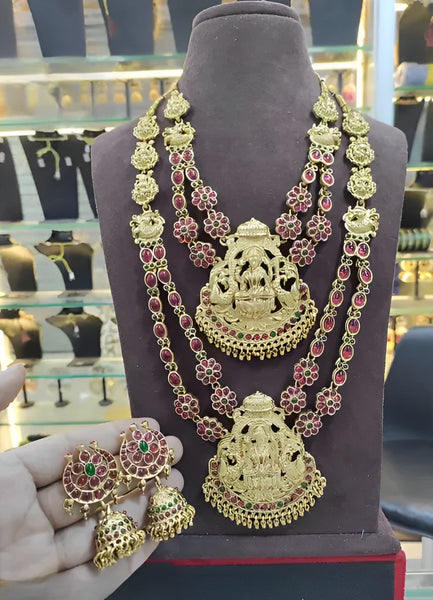 Exquisite Gold-Plated Temple Jewelry Set, Ruby Accents, Traditional Indian Wedding Jewelry (Set of 2)