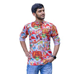 Light Kerala Art Loop Sleeve Short Kurta, Men's Kerala Shirt, Stylish Cotton Shirt with Traditional Art (Size 40, Light)