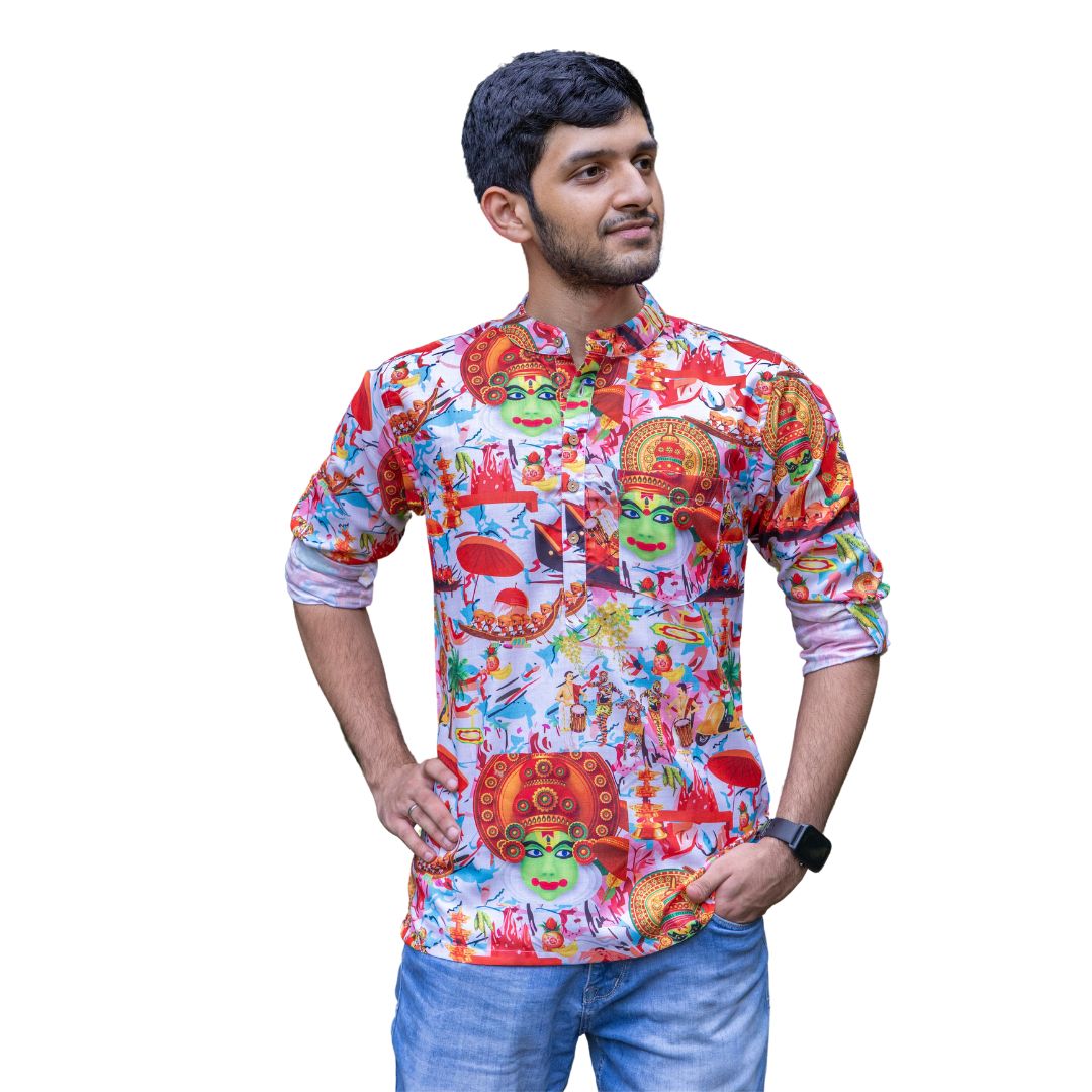 Light Kerala Art Loop Sleeve Short Kurta, Men's Kerala Shirt, Stylish Cotton Shirt with Traditional Art (Size 40, Light)