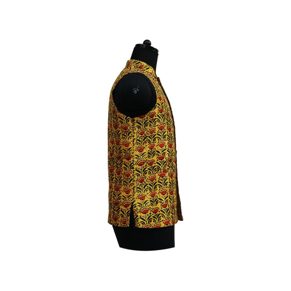 Yellow Nehru Jacket with Red and Black Floral Print | Stylish Sleeveless Vest for Weddings & Festive Events