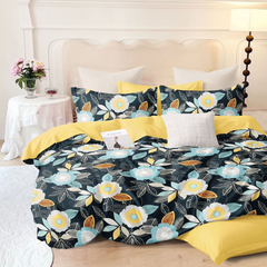 Dark Blue Floral Pattern Bed Sheet Set with 2 Pillow Covers | Soft Queen Size Fitted Polyester Bedding