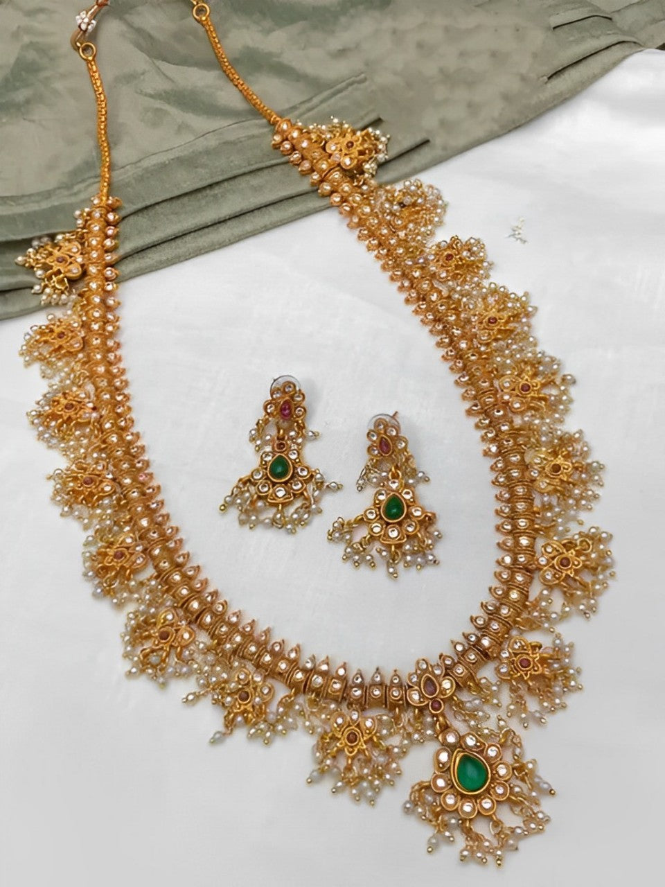 Elegant Gold-Plated Guttapusalu Necklace Set, Pearl and Emerald Accents, Traditional Indian Wedding Jewelry (Set of 2)