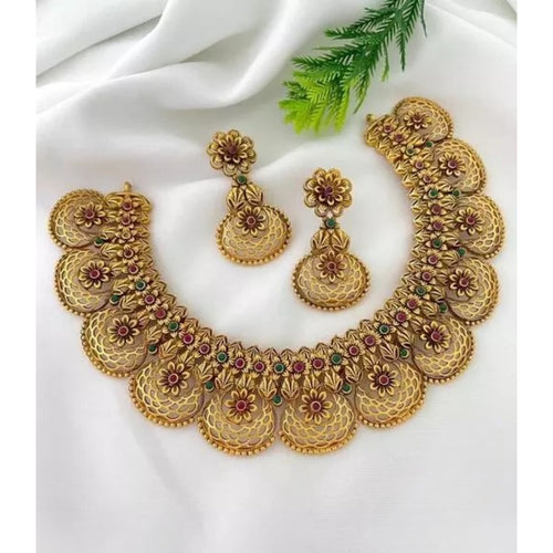 Antique Gold Floral Coin Necklace Set - Traditional South Indian Temple Jewelry Collection, Indian Jewelry (Set of 2)