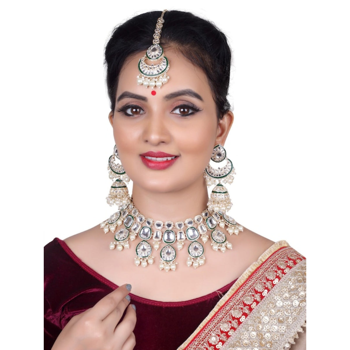 Luxury Kundan Bridal Jewelry Set, Silver Crystal Choker, Pearl Drops, Earrings & Maang Tikka, Traditional Indian Wedding Jewelry (Set of 2)