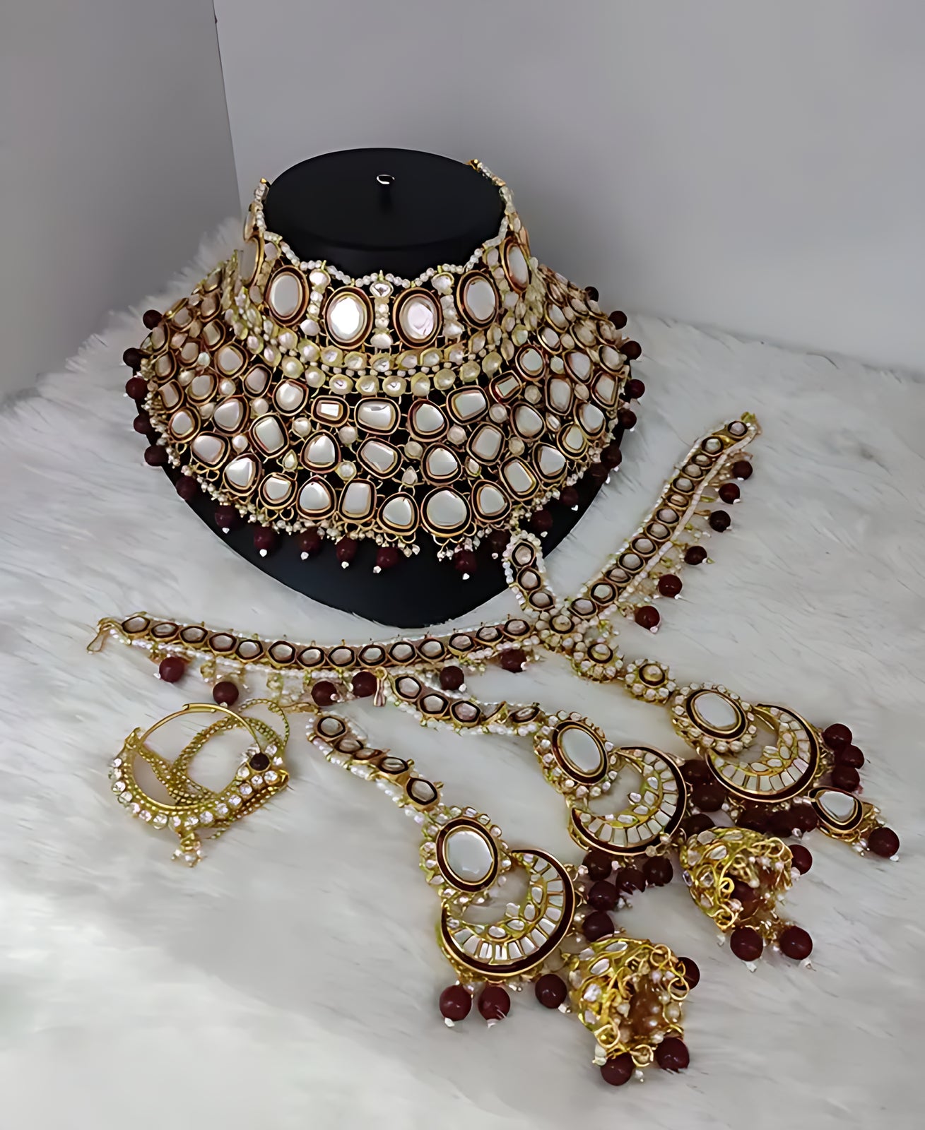 Opulent Kundan Bridal Choker Set, Maroon Beads - Complete Wedding Jewelry Collection, Traditional Indian Wedding Jewelry (Set of 2)