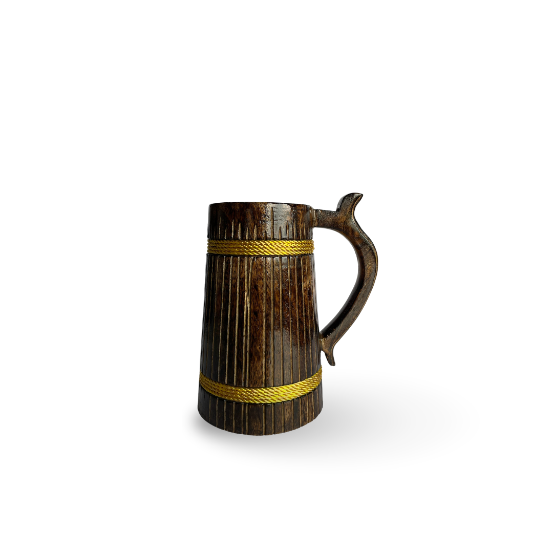 A rustic, barrel-shaped wooden beer mug with gold-colored bands. Holds 500ml.